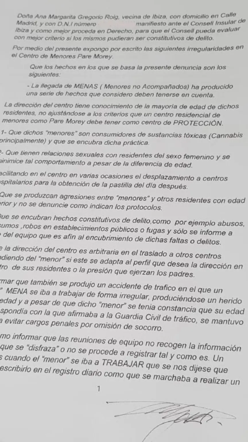 La denuncia que Ana Gregorio dirigió en mayo de 2019 al Consell de Ibiza.